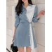 Contrast Color Irregular Button Lapel 3 4 Sleeve Shirt Dress