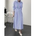 Stripe Print Lapel Long Sleeve Button Elastic Waist Shirt Dress