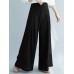 Women Solid Color Elastic Waist Pleats Loose Wide Leg Pants With Pocket