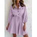 Solid Drawstring Button Lapel 3 4 Sleeve Shirt Dress