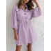 Solid Drawstring Button Lapel 3 4 Sleeve Shirt Dress