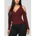 Women Solid Color Strapless V  neck Long Sleeves T  shirts