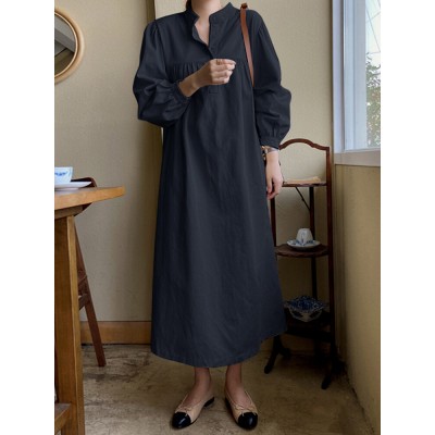 Solid Button Puff Long Sleeve Loose Casual Shirt Dress