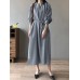 Solid Belt Loose Puff Long Sleeve V  neck Shirt Dress