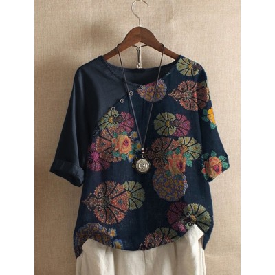 Women Geometric Floral Print Patchwotk Vintage Short Sleeve T  Shirts