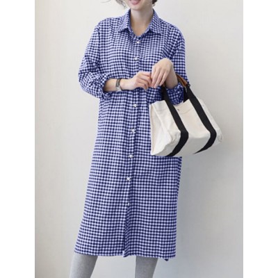 Check Print Lapel Long Sleeve Button Down Shirt Dress