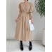 Solid Color Long Sleeve V  neck Shirt Dress With Belt