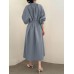 Solid Belt Loose Puff Long Sleeve V  neck Shirt Dress