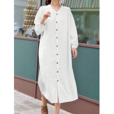 Solid Belt Button Long Sleeve V  neck Casual Shirt Dress